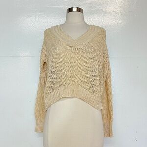 Mango Loose Fit V Neck Open Knit Mesh Top Cropped Sweater Cream Ivory Beige